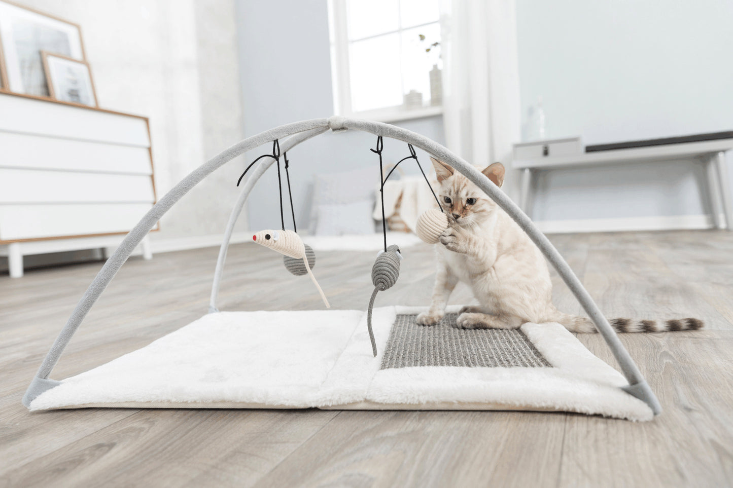 Junior klösmatta med leksaker, 60×33×42cm, grå/ljusgrå